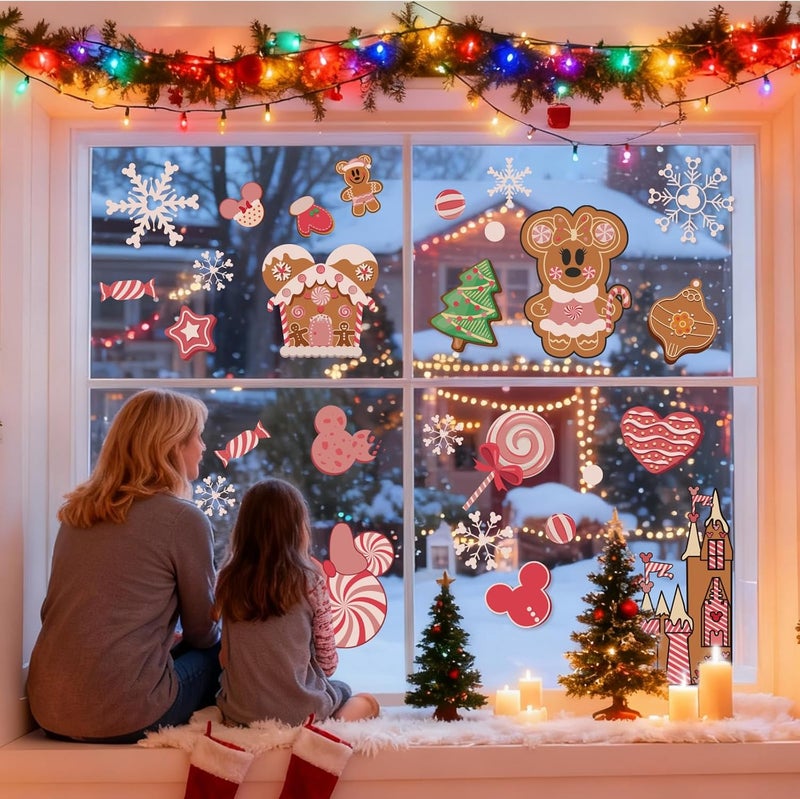 MAXDUCK Christmas Gingerbread Window Cling Decorations - 12 Sheets Pink Double-Sided Christmas Gingerbread Sticker for Window Decor, Mouse, Castle, Snowflake Stickers for Indoor Office Home Decor - Image 3